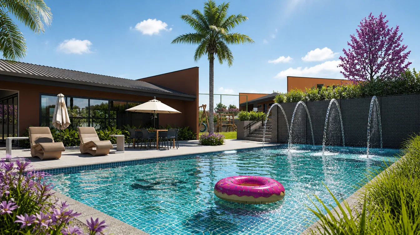 Perspectiva ilustrada da piscina infantil com jatos de água