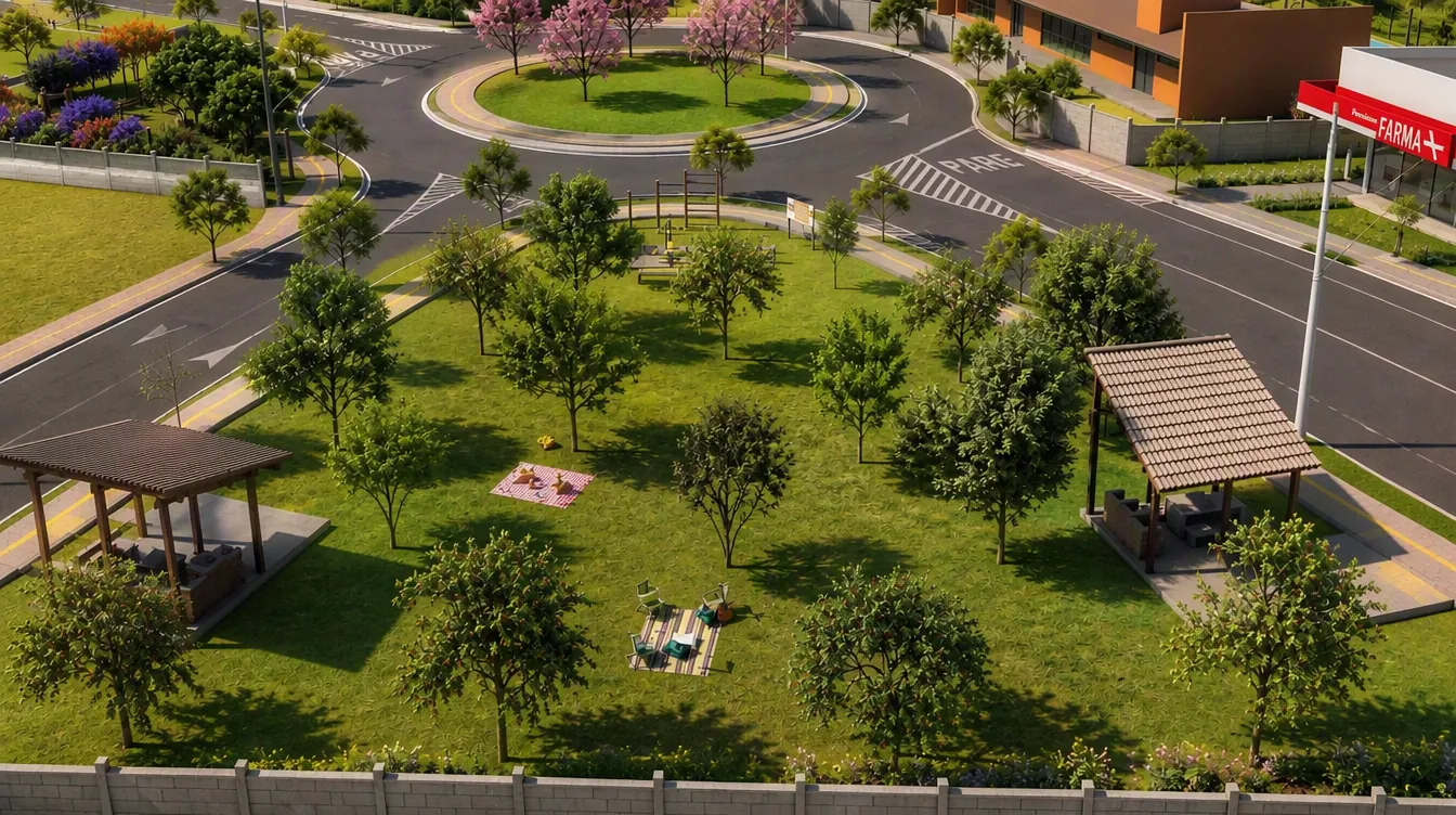 Perspectiva ilustrada da praça com quiosques